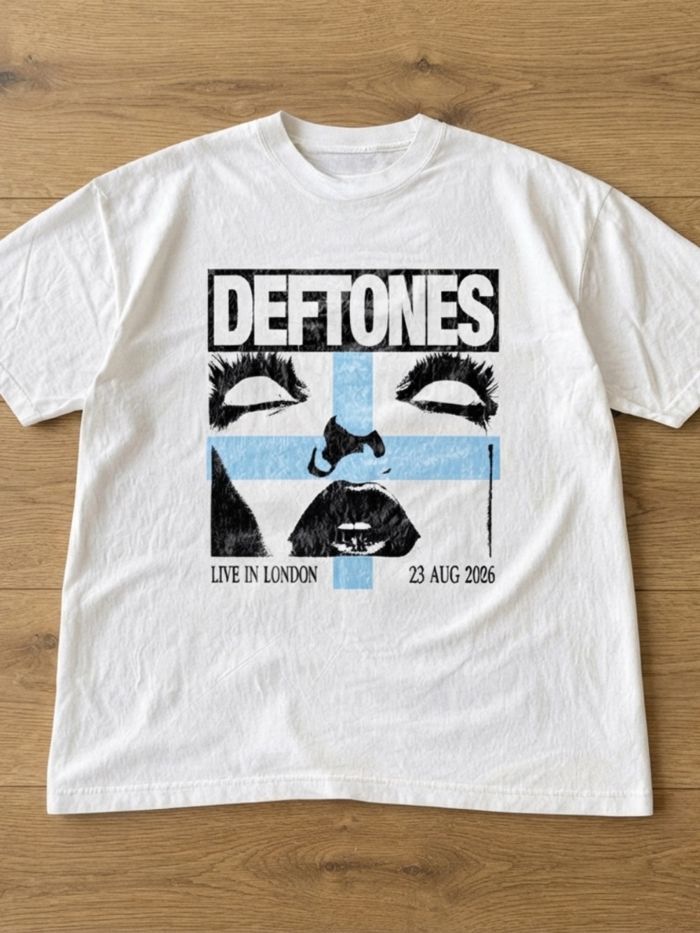 Gildan White Deftones Live In London Graphic Tee with Light Blue Cross